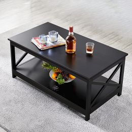 Coffee Table Living Room Furniture Table with Storage Shelf; Black