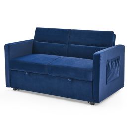 Loveseats Sofa Bed with Pull-out Bed;  Adjsutable Back and Two Arm Pocket (Color: Blue)