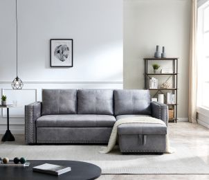 Sectional sofa with pulled out bed;  2 seats sofa and reversible chaise with storage;  both hands with copper nail (Color: Gray)