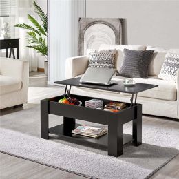 Modern 38.6" Rectangle Wooden Lift Top Coffee Table with Lower Shelf; Multiple Colors and Sizes (Color: Black)