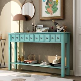 Rustic Entryway Console Table, 60" Long Sofa Table with two Different Size Drawers and Bottom Shelf for Storage (Color: Blue)