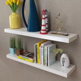 2 White MDF Floating Wall Display Shelves Book/DVD Storage (Color: White)