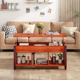 Lifting coffee table with cabinet-dark coffee color (Color: wood color)